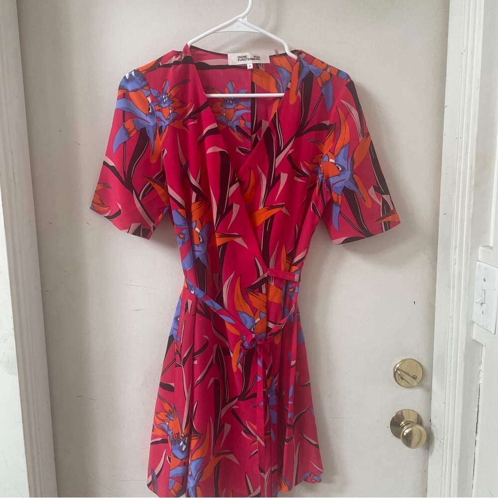 Diane Von Furstenberg Red Floral Mini Wrap Dress with Orange & Blue Accents